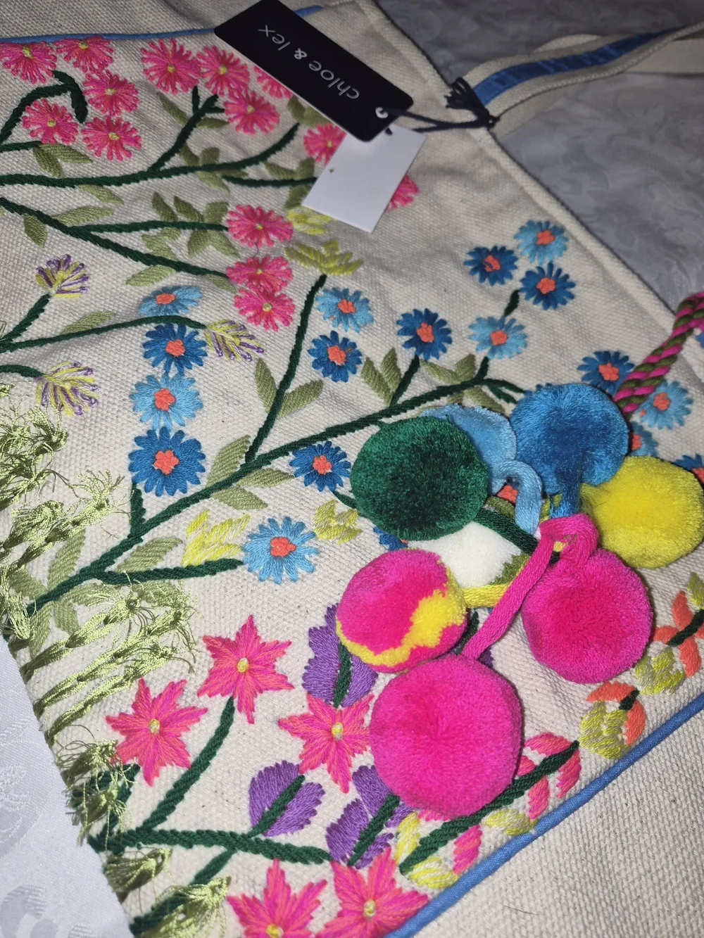 Canvas Floral Embroidered Tote with Colorful Pom-Poms - Unbranded